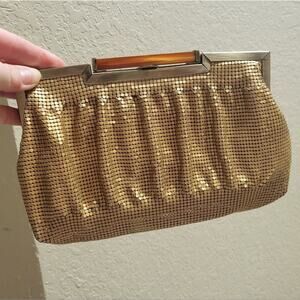 Olga Berg Antique Gold Mesh Clutch, amber tortoise shell clasp, brass gold edge
